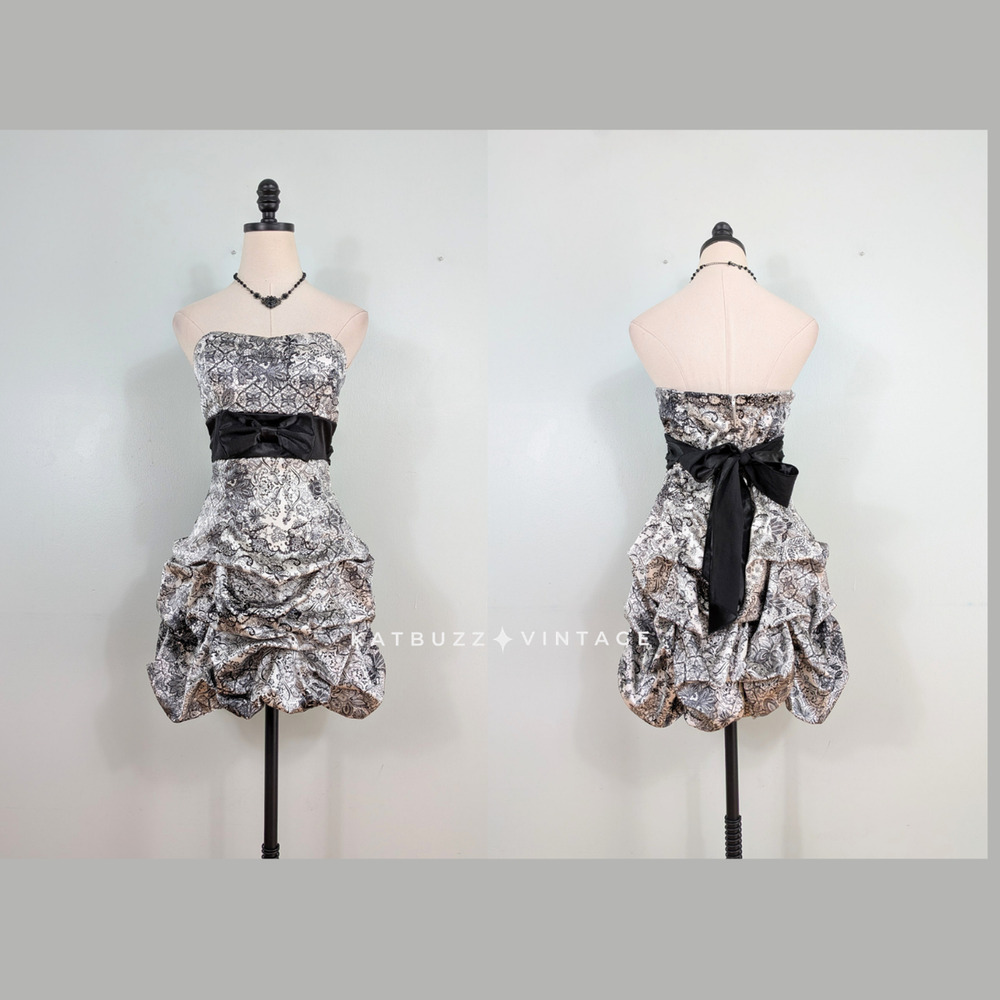 Vintage Prom Dress Mini Gown M White Black Floral Y2K Hoco Bubble Bow Strapless